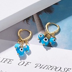 ナザールボンジュウランプワークラウンドビーズダングルフープピアス  女の子の女性のための真鍮のハートのイヤリング  ゴールドカラー  ディープスカイブルー  31x15mm  ピン：1mm&nbsp;EJEW-JE04826-04