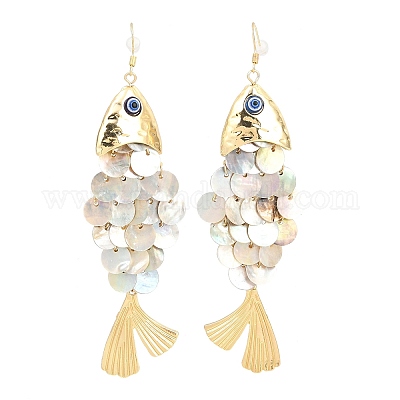 合金ダングルピアス  魚  シェルと  ゴールドカラー  120x31~33mm&nbsp;EJEW-D349-01G-1