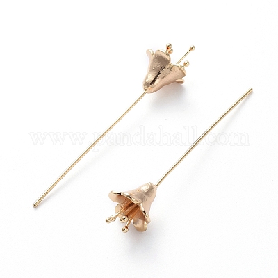 真鍮の花の形のヘッドピン  カドミウムフリー＆ニッケルフリー＆鉛フリー  18KGP本金メッキ  56.2x11.5mm  ピン：0.8mm&nbsp;KK-E783-10G-1