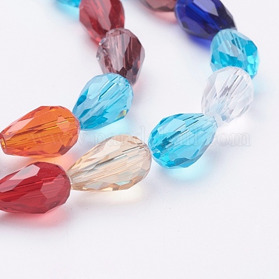 ガラスビーズ連売り  多面カット  ドロップ  カラフル  12x8mm  穴：1mm  約56~58個/連  25~27インチ&nbsp;EGLA-E010-8x12mm-03-1