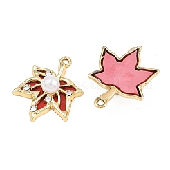 合金アクリルパーツ  ラインストーン＆模造パール付き  葉のチャーム  ゴールドカラー  レッド  26x20.5x8mm  穴：1.6mm&nbsp;AC-CBA6274-01A