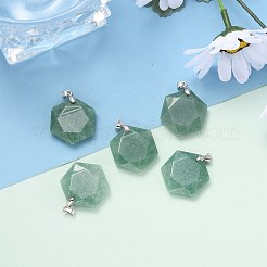 天然石グリーンアベンチュリンペンダント  プラチナトーンの真鍮パーツ  多面カット  六角  28x25x9mm  穴：4x5mm&nbsp;G-E487-95E