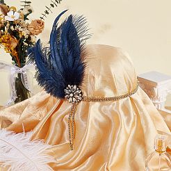 合金ラインストーンヘッドバンド  女性のためのヘアアクセサリー  羽付き  ダークブルー  内径：155mm&nbsp;OHAR-WH20014-002A