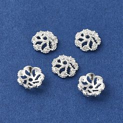 ラックメッキ真鍮ビーズキャップ  クリアキュービックジルコニア  長持ちメッキ  鉛フリー＆カドミウムフリー  花  銀  8x8x3mm  穴：1.2mm&nbsp;KK-B088-02B-S