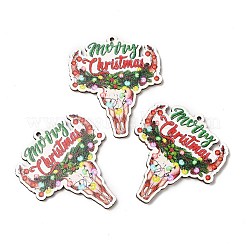片面クリスマスプリントウッドビッグペンダント  メリークリスマスの牛の頭のチャーム  カラフル  55x47.5x2.5mm  穴：2mm&nbsp;WOOD-D025-19