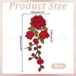 ポリエステル刺繍裁縫装飾品8個  diyの衣装アクセサリー  花  レッド  305x105x5.5mm&nbsp;DIY-HY0003-42B