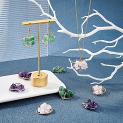 12個3スタイルの天然宝石ペンダント  天然ローズクォーツ＆アメジスト＆グリーンアベンチュリン  本物の 18K 金メッキ真鍮パーツと銅線巻き  木の心  25.5x27x8mm  穴：2.6mm  約4個/スタイル&nbsp;FIND-FH0004-67