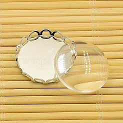 真鍮のカボションのセッティングとフラットラウンド無色透明ガラスカボション  カドミウムフリー＆鉛フリー  プラチナ  トレイ：18mm  ガラス：18x4ミリ&nbsp;KK-X0003-P-RS