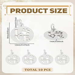 304ステンレススチールペンダント10個  ワード「love」を刻まれたフラットラウンド  ステンレス鋼色  14x12x1mm  穴：3mm&nbsp;STAS-LP0003-59P