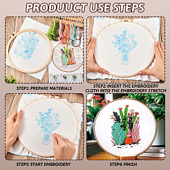 3セット3スタイルのDIY刺繍スターターキット  プラスチック模造竹クロスステッチ刺繍フープ1個付き  サボテンと花と植物  ミックスカラー  240~290x240~290mm&nbsp;DIY-TA0006-67