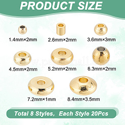 160個 8スタイル 304ステンレススチールスペーサービーズ  混合図形  ゴールドカラー  2~6x1.5~3.5mm  穴：1~1.8mm  20個/スタイル&nbsp;STAS-AR0001-76