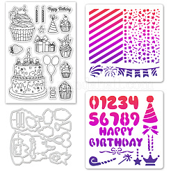 誕生日ケーキのペット用くり抜き絵用ステンシル1セット  1シートPVCプラスチッククリアスタンプ  ケーキ用カーボンスチールカッティングダイスステンシル1個付き  DIYスクラップブッキング用  混合図形  スタンプ：160x110x3mm  ステンシル:117~200x109~200x0.3mm&nbsp;DIY-GL0004-111