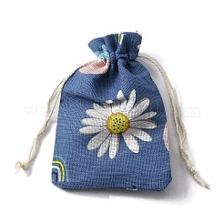 綿と麻の巾着ギフトバッグ  花模様の長方形  ブルー  14x9.7~9.8x0.15~0.3cm&nbsp;LS-ABAG-TAC0006-07B
