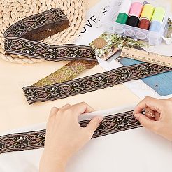 エスニック風刺繍ポリコットンリボン  ジャカードリボン  チロリアンリボン  ハート柄付き  服飾材料  ゴールド＆ベージュ＆プラム柄  ブラック  1-1/4インチ（32mm）  約7.66ヤード（7m）/バンドル&nbsp;OCOR-WH0066-23A