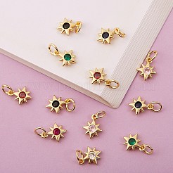 16本8色真鍮マイクロパヴェキュービックジルコニアペンダント  丸カン付き  スター  18KGP本金メッキ  ミックスカラー  10x8x2mm  穴：3.5mm  2個/カラー&nbsp;KK-SZ0003-92