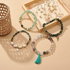 4 個 4 スタイル天然 & 合成混合宝石 & パールストレッチブレスレットセット  タッセル & スター & ウィング チャーム スタッカブル ブレスレット 女性用  ミックスカラー  内径：2-1/8インチ（5.3cm）  1個/スタイル&nbsp;BJEW-JB08887