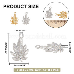 16個2色304ステンレスペンダント  葉  ゴールデン·ステンレス鋼色  22x14x2mm  穴：1.8mm  8個/カラー&nbsp;STAS-PH0004-62