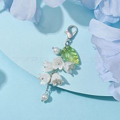 アクリルペンダントの装飾  ガラス模造パールビーズと合金カニカン付き  葉と花  ベージュ  70mm&nbsp;HJEW-JM01780-03