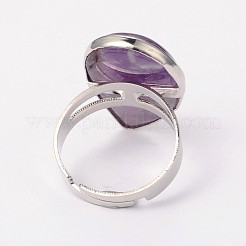調節可能な天然アメジストとプラチナ真鍮のリング  ティアドロップ  内径：19mm&nbsp;RJEW-N024-02G