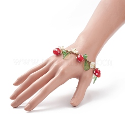プラスチックイミテーションパールフラワー＆アクリルリーフ＆ランプワークストロベリーチャームブレスレット  女性用304ステンレスジュエリー  カラフル  7-3/4インチ（19.5cm）&nbsp;BJEW-TA00181