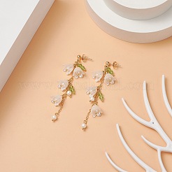ABSプラスチックフラワー、シェルパールビーズダングルスタッドピアス  304ステンレススチールロングタッセルドロップイヤリング（女性用）  ゴールドカラー  73mm  ピン：0.7mm&nbsp;EJEW-TA00181
