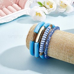 4 個 4 スタイル アクリル分厚いカーブチューブ ストレッチ ブレスレット セット  ポリマークレイとガラスビーズの積み重ね可能な女性用ブレスレット  ドジャーブルー  内径：2-1/8インチ（5.3cm）  1個/スタイル&nbsp;BJEW-SW00074-03