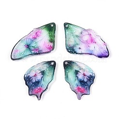 透明エポキシ樹脂ペンダント  花柄のチャームが付いた羽  スパンコール入り  グリーン  39~39.5x18~20.5x2.5~3mm  穴：1mm&nbsp;RESI-T057-32A