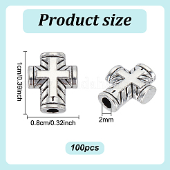 100 個のチベットスタイル亜鉛合金ビーズ  クロス  アンティークシルバー  10x8x3mm  穴：2mm&nbsp;FIND-HY0004-28