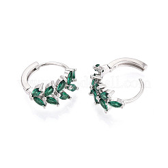 真鍮マイクロパヴェキュービックジルコニアリーフフープピアス  プラチナメッキ  濃い緑  15x15.5x7.5mm&nbsp;EJEW-T048-41C-P