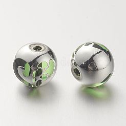 K9ガラスビーズ  真鍮で覆われた  ハート柄の丸  925銀メッキ  芝生の緑  10.2x9.2mm  穴：1.5mm&nbsp;LS-GLAA-G067-09S-04