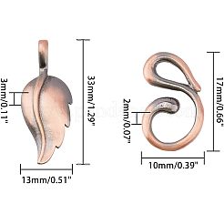 真鍮製のフックの留め金  レザーコードブレスレット作り用  葉  ミックスカラー  葉：33x13x3mm  フック：17x10x2mm  穴：1mmと3x3mm  3色  6セット / カラー  18セット /箱&nbsp;KK-FH0001-40