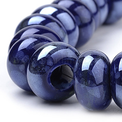 手作りの陶器ビーズ  ファンシーアンティーク釉スタイル  パールカラーの  ロンデル  ブルー  15~16x9~10mm  穴：5~6mm&nbsp;PORC-Q219-15x9-E04
