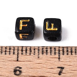 不透明なアクリルビーズ  ゴールドライン入り  文字付きのキューブ  ブラック  文字F  4.5~5x4.5~5x4.5~5mm  穴：2mm  約6250個/500g&nbsp;SACR-T035-20F