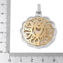 304ステンレスペンダント  ハートチャーム付き中空花  ゴールデン·ステンレス鋼色  38.5x35x5.5mm  穴：6x3.5mm&nbsp;STAS-S162-06GP
