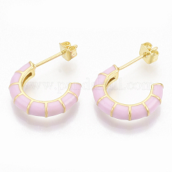 真鍮製スタンドピアス  ハーフフープピアス  エナメルとピアスバックキャッチ付き  18KGP本金メッキ  竹の形  ミックスカラー  21x16.5x3.5mm  ピン：0.7mm&nbsp;EJEW-S209-10