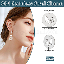 304ステンレススチールペンダント25個  鳥とフラットラウンド  ステンレス鋼色  20x1.1mm  穴：1.5mm&nbsp;STAS-BBC0006-11