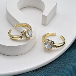 ラックメッキ真鍮マイクロパヴェクリアキュービックジルコニアカフ指輪女性用  カドミウムフリー＆鉛フリー  長持ちメッキ  18KGP本金メッキ  ハート  ミックスカラー  10x10mm&nbsp;RJEW-M028-49G