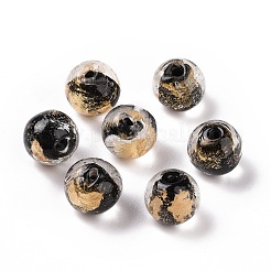 手作りの金箔ガラスビーズ  ラウンド  ブラック  10x9~10mm  穴：1.6~2mm&nbsp;LAMP-C004-03E