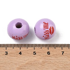 バレンタインデーのスプレー塗装とプリントが施されたヨーロッパ風木製ビーズ  リップ模様のある丸型  大穴ビーズ  ライラック  15~16mm  穴：4mm&nbsp;WOOD-L023-03D