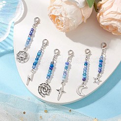 星、月、太陽、亜鉛合金ペンダント装飾6個  バッグの飾りに使えるガラスシードビーズとカニカンの留め具チャーム  ドジャーブルー  51~62.5mm  ペンダント：12~23x4.5~15.5x1~2.5mm  クラスプ：12x6.5x3mm&nbsp;HJEW-JM03159-03