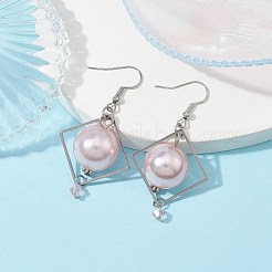ABS プラスチックイミテーションパールラウンドダングルイヤリング  304ステンレススチールの菱形ジュエリー、模造オーストリアクリスタル5301双円錐ビーズと鉄製ピアスフック付き  ロージーブラウン  55x27.5mm&nbsp;EJEW-JE05489