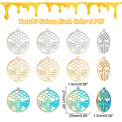 18個 3色 304ステンレススチールペンダント  中空のチャーム  蜂とフラットラウンド  ミックスカラー  27x25x1.5mm  穴：1.4mm  6個/カラー&nbsp;STAS-DC0012-39