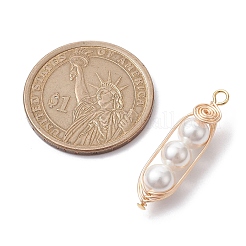 ラウンドシェルパールビーズペンダント  金メッキの銅線を巻いたチャーム  貝殻色  30x8x6.5mm  穴：2mm&nbsp;PALLOY-TA00104