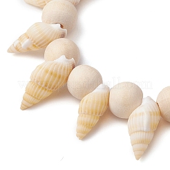 夏のビーチの天然スパイラルシェルストレッチブレスレット  8mm ラウンドウッドビーズストレッチブレスレット（女性用）  フローラルホワイト  内径：1-7/8インチ（4.8cm）&nbsp;BJEW-JB10356