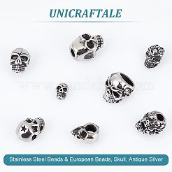 304ステンレススチールビーズとヨーロッパビーズ  スカル  アンティークシルバー  8~16x8~11x8.5~14mm  8個/箱&nbsp;STAS-UN0001-67AS