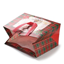クリスマステーマのタータン不織布ギフトトートバッグ（ハンドル付き）  長方形  レッド  鹿  展開：33x32x0.2cm  折りたたみ：32x17.5x24cm&nbsp;ABAG-G017-01C