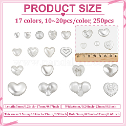 250個のABSプラスチックイミテーションパールビーズ  ハート  ミックスカラー  5~17x6~23x4~13mm  穴：1.2~2mm&nbsp;KY-PH0002-21