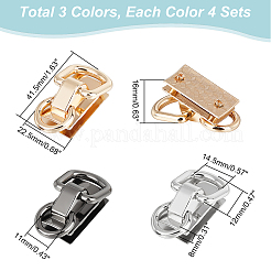 バッグストラップ用合金製ダブルDリングサスペンションクラスプ12個（3色）  ミックスカラー  4.15x2.25x1.6cm  内径: 1.1x0.8cm & 1.2x1.45cm  4個/カラー&nbsp;FIND-WR0008-88