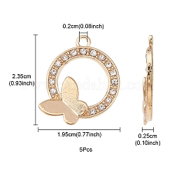 合金クリスタルラインストーンペンダント  蝶のチャームが付いたリング  ゴールドカラー  19.5x23.5x2.5mm  穴：2mm&nbsp;FIND-YW0001-98