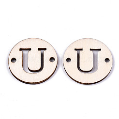 未完成の天然ポプラ材リンクコネクター  レーザー切断  単語とフラットラウンド  文字.u  29.5x2.5mm  穴：2.5mm&nbsp;WOOD-S045-140B-01U